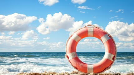 Bright Red Lifebuoy Ring on Sandy Beach with Calm Sea and Clouds