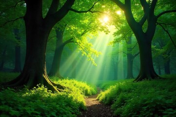 Sun-dappled Woodland Tranquility Lush Green Forest, Ancient Trees, Peaceful Atmosphere