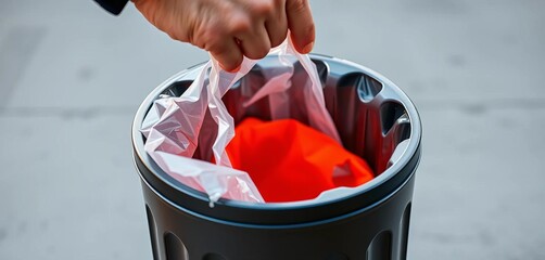 Hand opening trash can lid, plastic bag inside,  throw,  texture