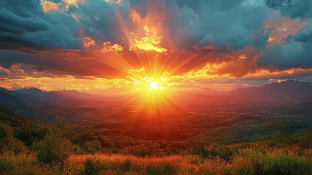Beautiful sunset over mountains with vibrant colors and dramatic clouds casting shadows in the evening sky