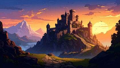 Fototapeta premium Majestic Castle Sunset: A Fairytale Landscape