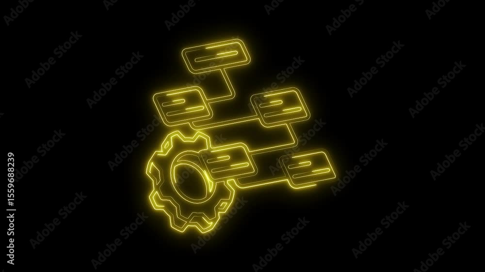 Poster yellow neon flowchart diagram with gear process automation and integration concept on black backgrou