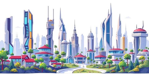 Futuristic city buildings, skyscrapers, houses, trees, plants, isolated on white Vector cartoon illustration of modern science fiction architecture,  structure,  houses