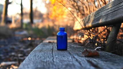Obraz premium Blue Glass Bottle on Rustic Wooden Bench in Autumn Park Setting