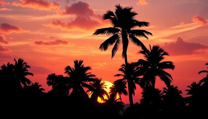 Geometric coconut palm silhouettes against a stylized tropical sunset ,  art,  palm