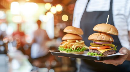 Freshly Prepared Burgers on a Serving Tray in a Restaurant