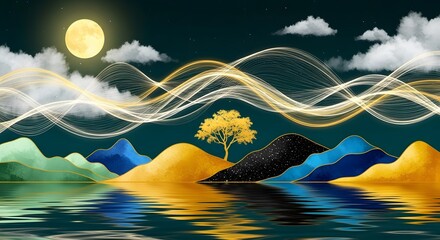 Artistic landscape with golden tree and moon abstract waves and reflections wallpaper design