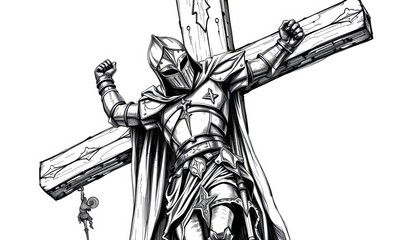 Gothic sketch of armored knight crucified on a cross, black and white scratchboard style,  illustration,  vector