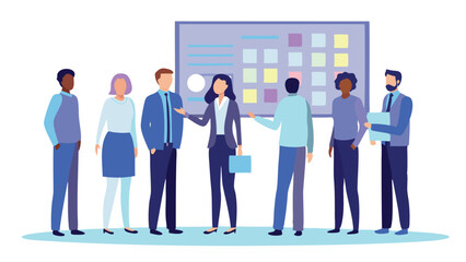 Group of people standing in front of a board with sticky notes in a business meeting setting near each other
