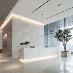 Modern minimalist lobby with marble reception desk, recessed lighting, large windows, and potted plant
