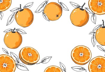 Hand-drawn orange illustrations, black & white & color, for menu, packaging, & brochure design,  template,  vintage