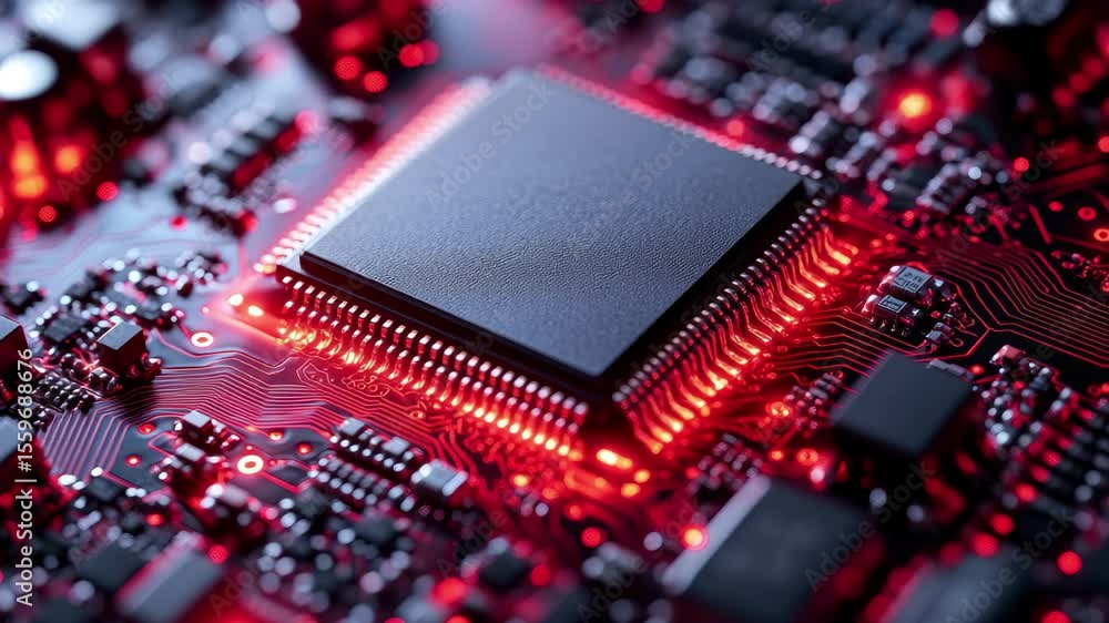 Poster close-up view of a computer motherboard displaying intricate circuitry and vibrant red lighting at a