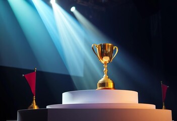 Golden trophy on winner's podium, spotlight shining,  winner,  corporate