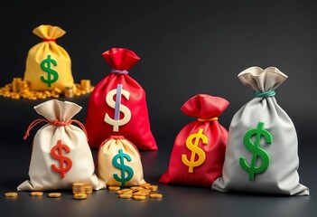 Four diverse money bags & dollar signs, various styles, bags, stack