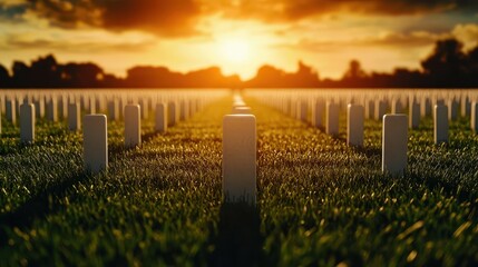 Field of small flags in a cemetery, symbolizing remembrance on Veterans Day