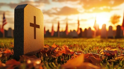 Field of small flags in a cemetery, symbolizing remembrance on Veterans Day