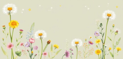 Hand-drawn dandelions, herbs, wildflowers, & rustic greenery; trendy botanical vector illustration, flowers, drawing