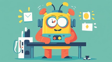 Obraz premium Cheerful Robot Working at Desk Completing Tasks Efficient Technology Cartoon Illustration