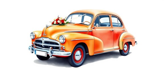 Hand-painted watercolor wedding car, vintage style, isolated,  watercolor,  card
