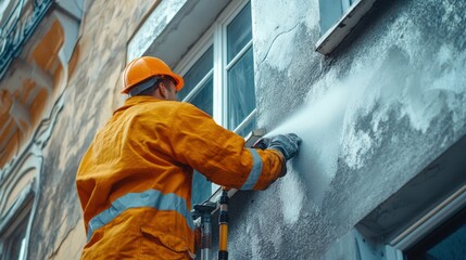 Effective building facade cleaning with high pressure cleaner by a professional