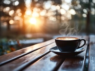 Obraz premium Steam rising from a latte art coffee cup on wooden outdoor table at sunset