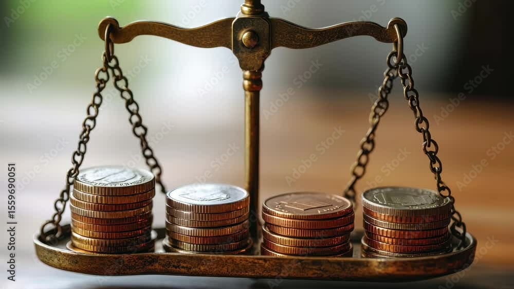 Poster balancing different coin stacks on an old-fashioned scale against a wooden background