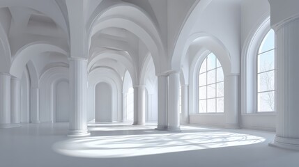 Naklejka premium Elegant Hallway of Light: A bright and airy architectural interior showcasing an expansive arched hallway with sunlight streaming in, capturing the essence of serenity and spaciousness.