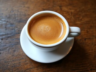 Obraz premium Aromatic Espresso Coffee in White Cup on Rustic Wooden Table