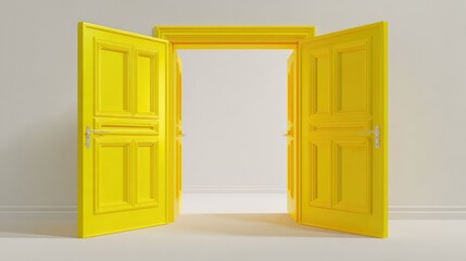 Yellow Doors: a bright yellow door stand ajar, beckoning viewers to enter an open space, symbolizing new beginnings, opportunity, and the threshold to a brighter future.