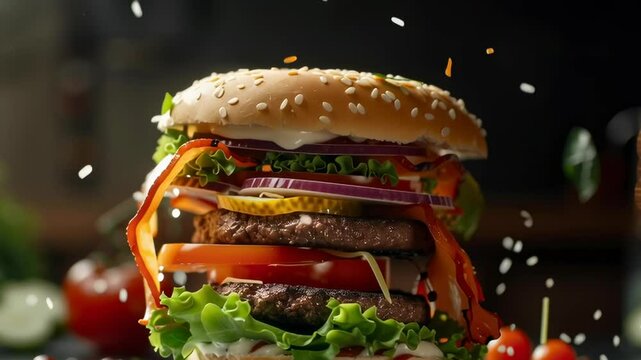 A burger with a lot of toppings, including lettuce, tomatoes, onions, and bacon. The burger is piled high and he is falling apart