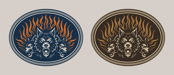Wolf Label belt buckle three dogs wolves heads with fire flames wild west cowboy style tag design brave daring courage stylized silhouette