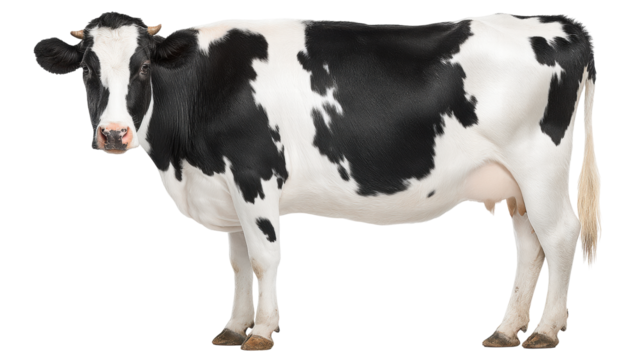 Black and white cow isolated on transparent background with clear details and natural look