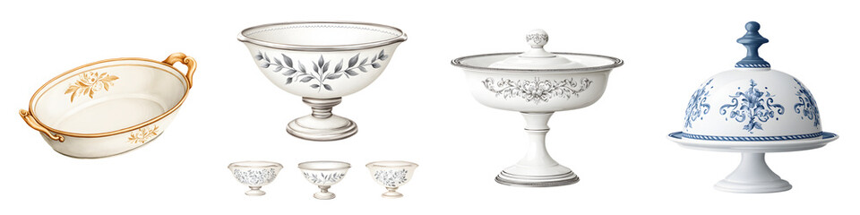 Vintage Inspired Decorative Bowls and Dessert Stands Set Isolated