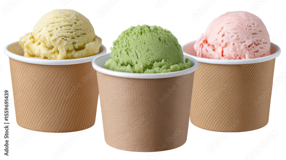 Aufkleber ice cream scoop isolated on transparent background with three cups in different colors