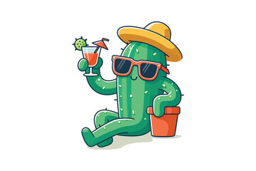 A cactus wearing sunglasses, holding a cocktail, and lounging, flat vector style, white background