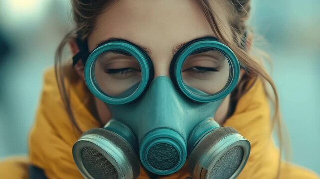 Young woman wearing a gas mask in a city setting during a cold day with wind blowing her hair