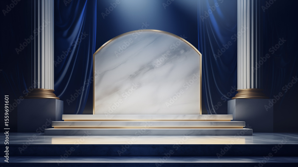 Poster a stage with marble backdrop and columns under a spotlight in dark setting