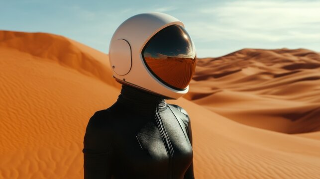 Astronaut in a futuristic spacesuit stands in a desert landscape.