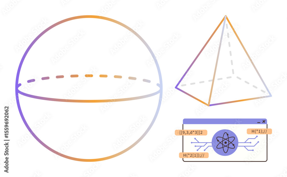 Poster sphere with dashed plane, outlined pyramid, and atomic-themed interface window. ideal for mathematic