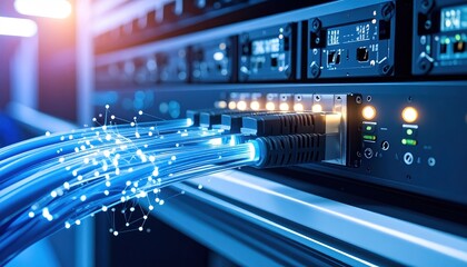 Server room with fiber optic cables