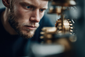 watchmaker focused on complex mechanism intense gaze main subject shifted to left
