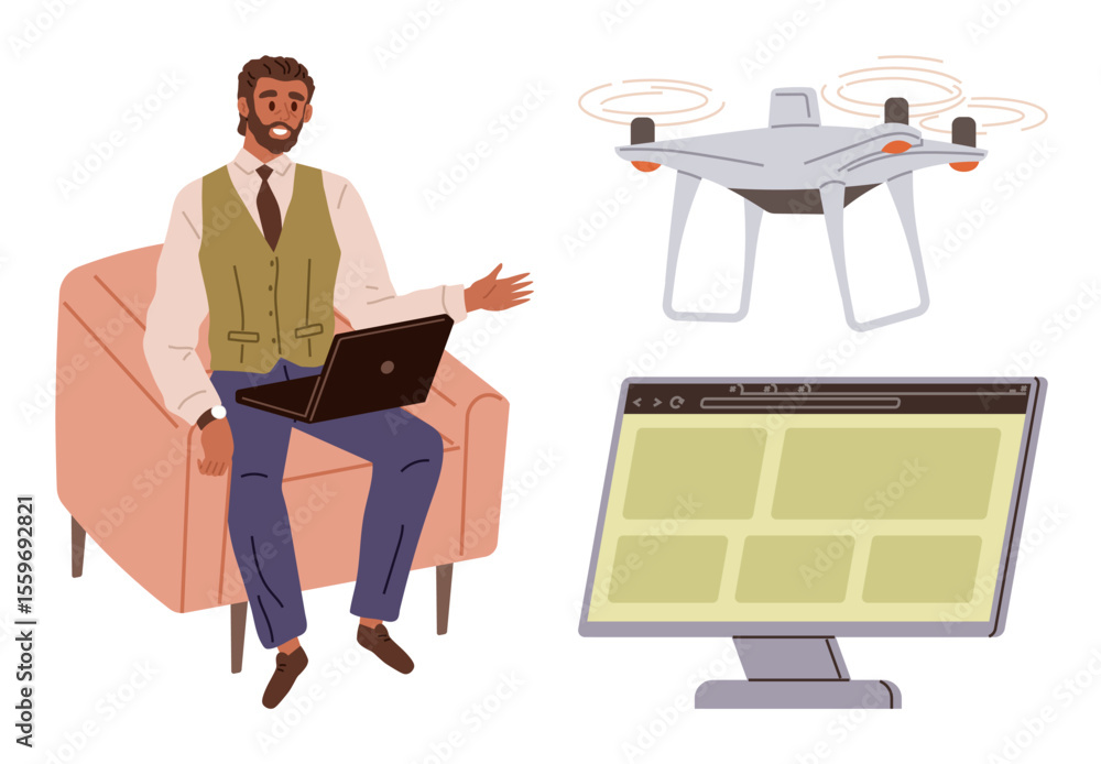 Poster man seated with a laptop discussing drone operations and interface overview. ideal for technology, i