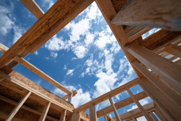 Obraz premium New homes are being constructed in a suburban area with wooden framing and construction tools, set under a sunny sky with exposed structural beams.
