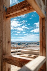 New homes are being constructed in a suburban area with wooden framing and construction tools, set under a sunny sky with exposed structural beams.