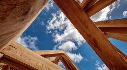 New homes are being constructed in a suburban area with wooden framing and construction tools, set under a sunny sky with exposed structural beams.