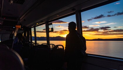 Fototapeta premium Silhouette of person on bus watching sunset over lake