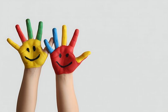 Children s hands painted with colorful smiley faces and bright colors