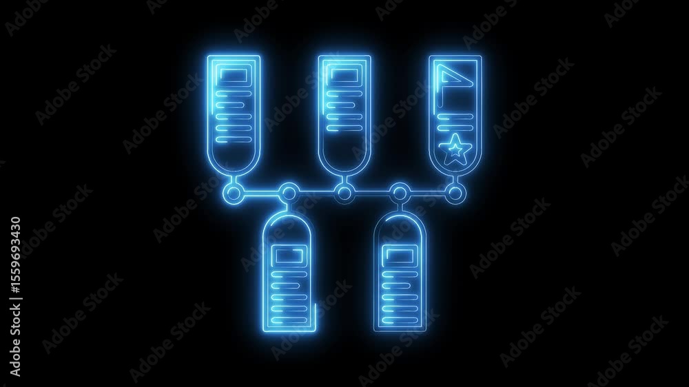 Poster glowing neon server rack system with data flow on black background for technology concept