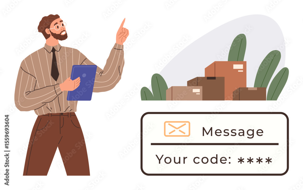 Aufkleber man pointing with clipboard, multiple boxes stacked with green plants, secure code message. ideal fo