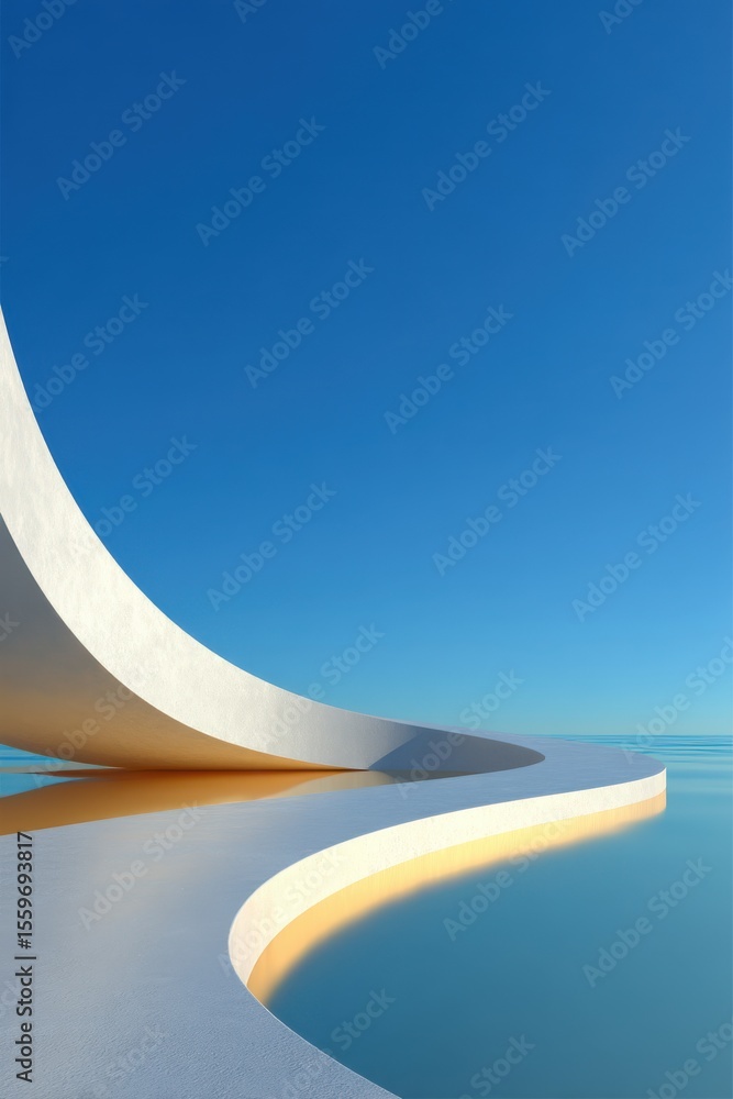 Poster minimalist architecture with smooth curves and reflective surfaces overlooking the sky